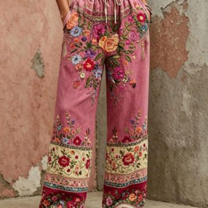 Women's Breast Cancer Awareness Pink Floral Art Printed Pants