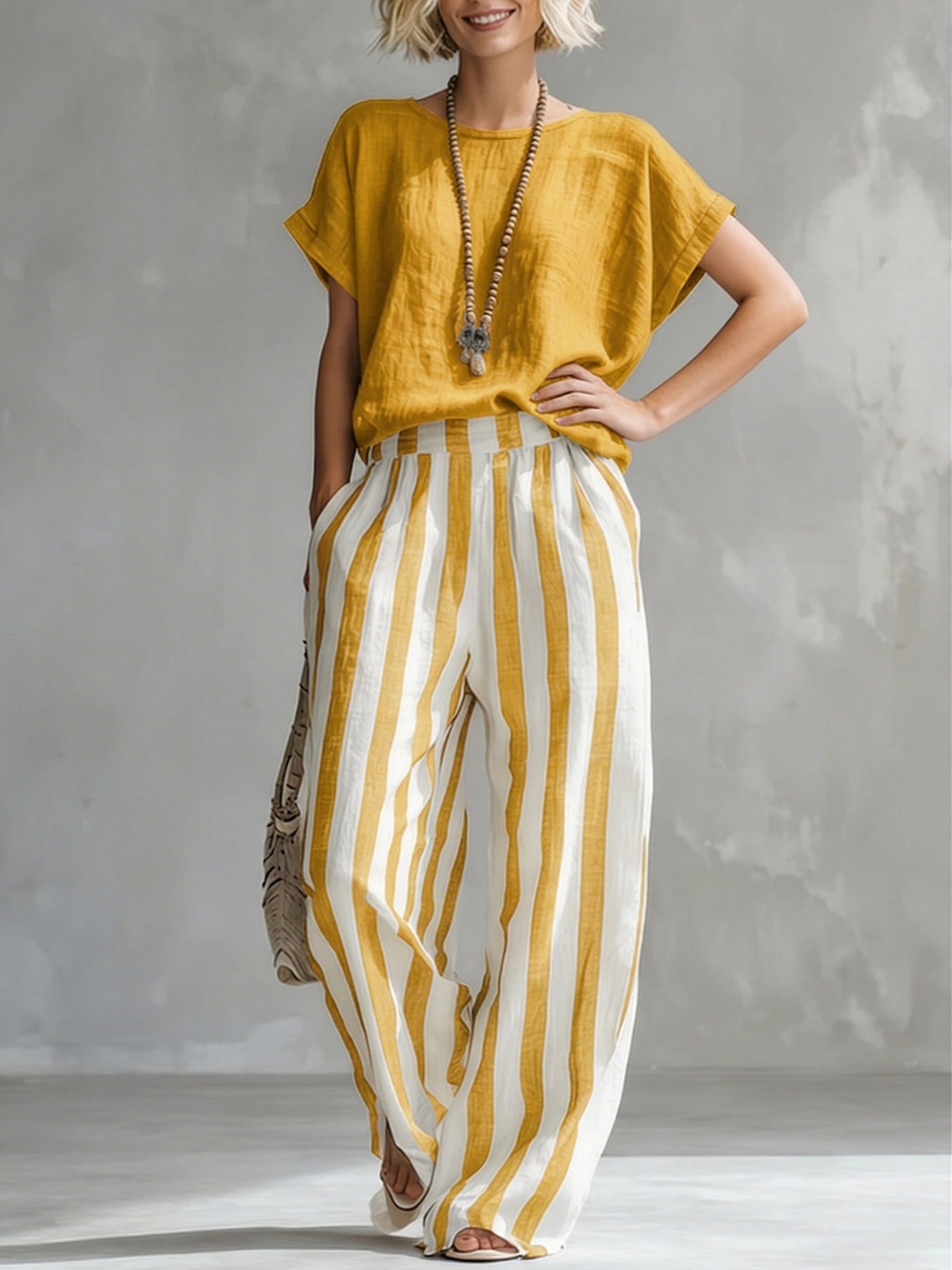 Cozy Loose-fit Striped Cotton-linen Two-piece Set - Image 9