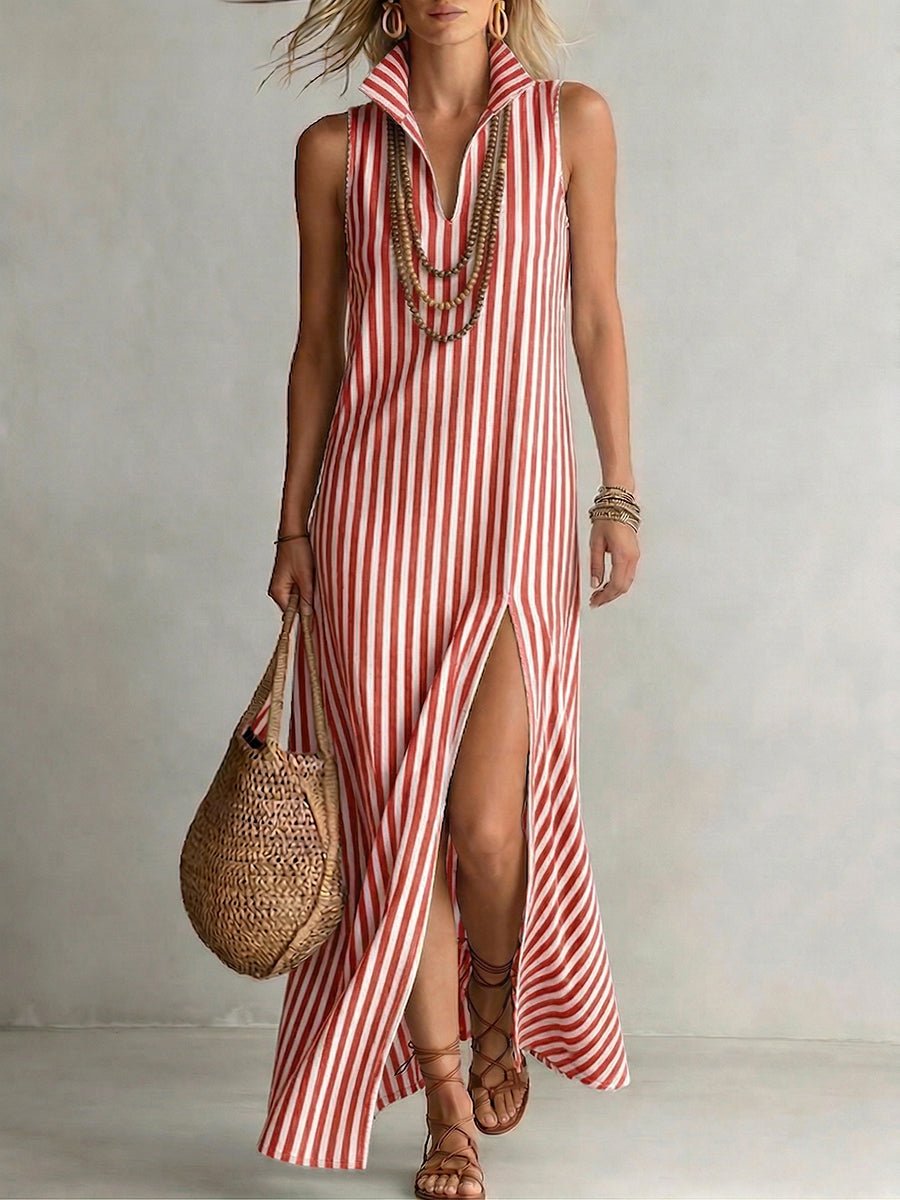 Stylish Classic Striped Stand-collar Cotton-linen Maxi Dress - Image 5