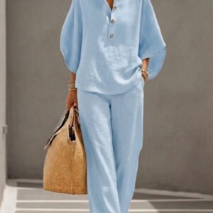 Women’s Batwing Sleeve Linen Cotton Two-Piece Set – Casual Shirt & Wide Leg Pants Outfit