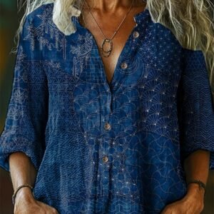 Women's Casual Retro Floral Cotton And Linen Shirt