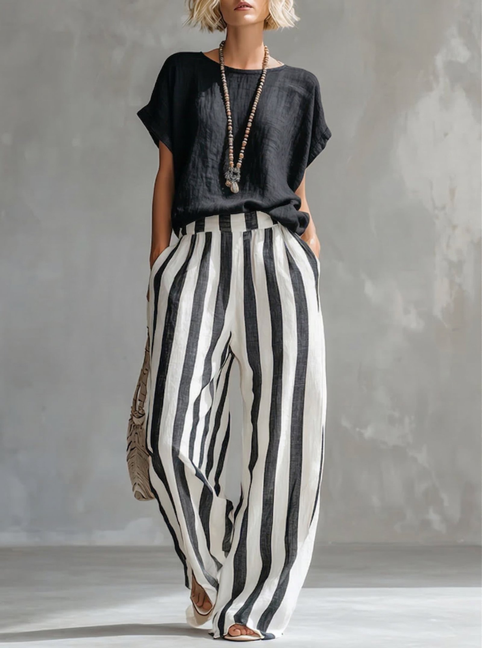 Cozy Loose-fit Striped Cotton-linen Two-piece Set - Image 5