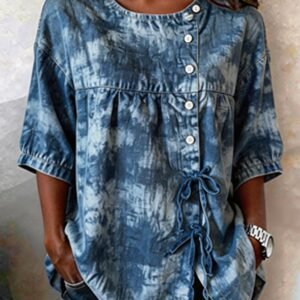 Women's Casual Denim Jacquard Short-Sleeve Top