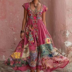 Women's Bohemian Floral Embroidery Art Round Neck Short Sleeve Midi Dress