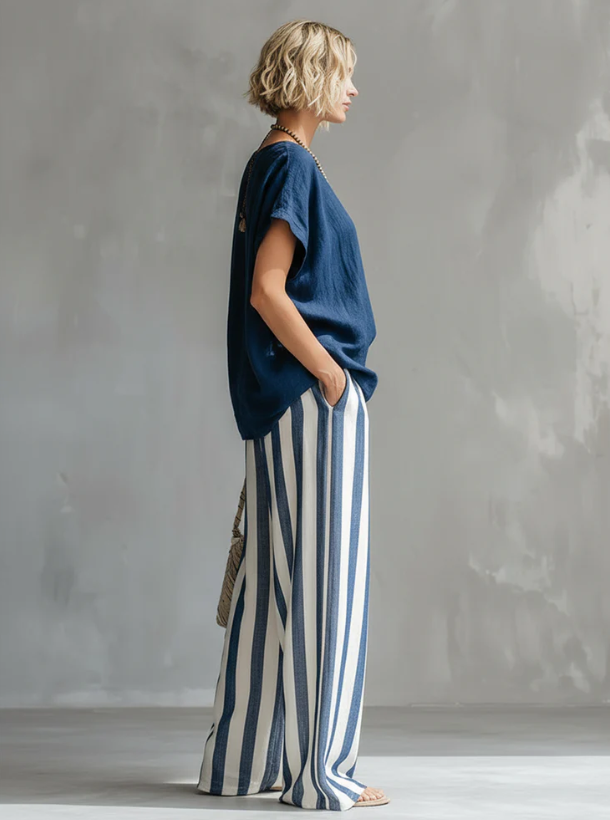 Cozy Loose-fit Striped Cotton-linen Two-piece Set - Image 4