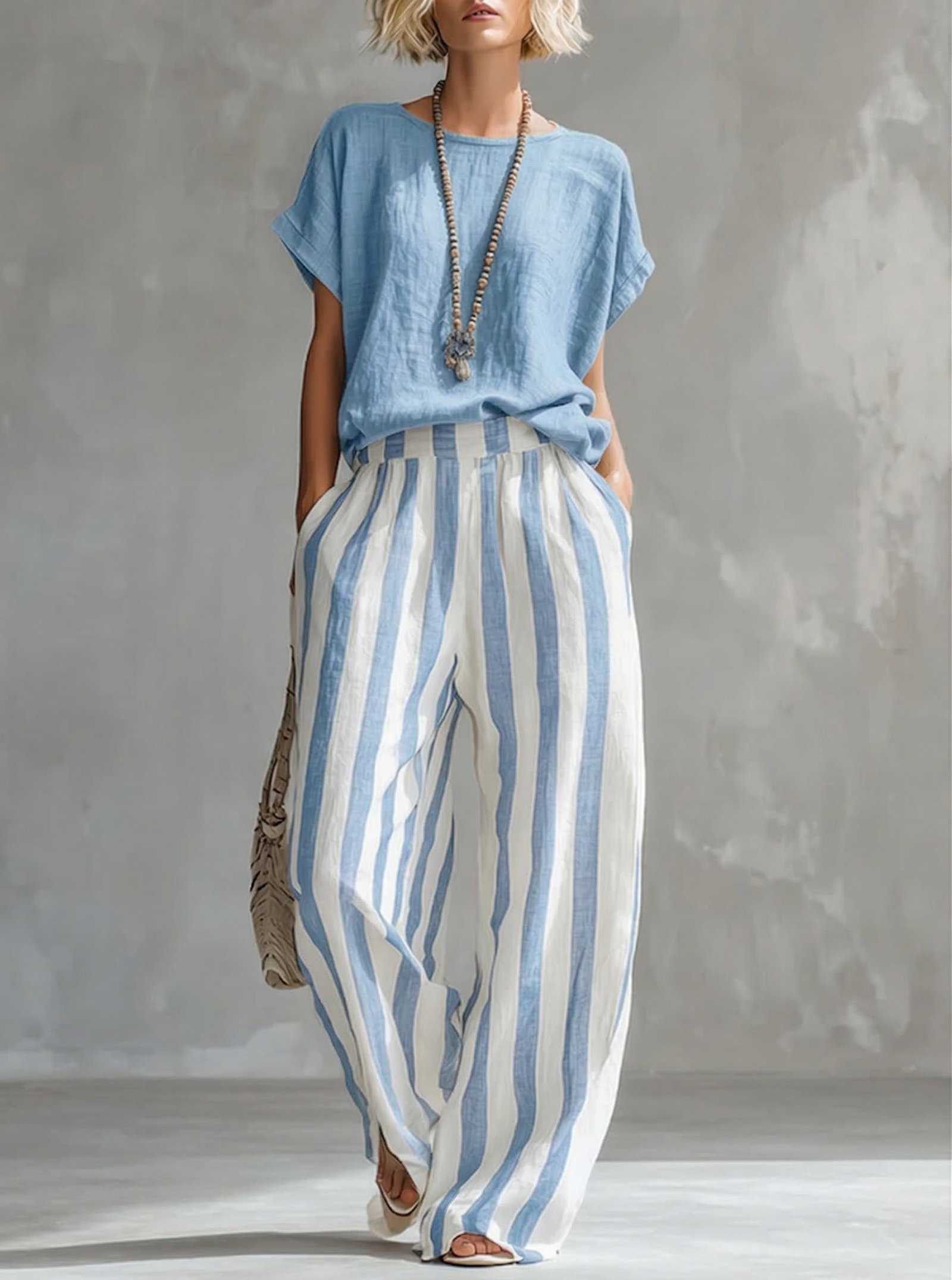 Cozy Loose-fit Striped Cotton-linen Two-piece Set - Image 3