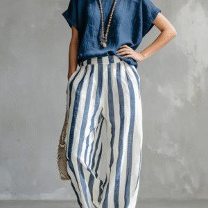 Cozy Loose-fit Striped Cotton-linen Two-piece Set