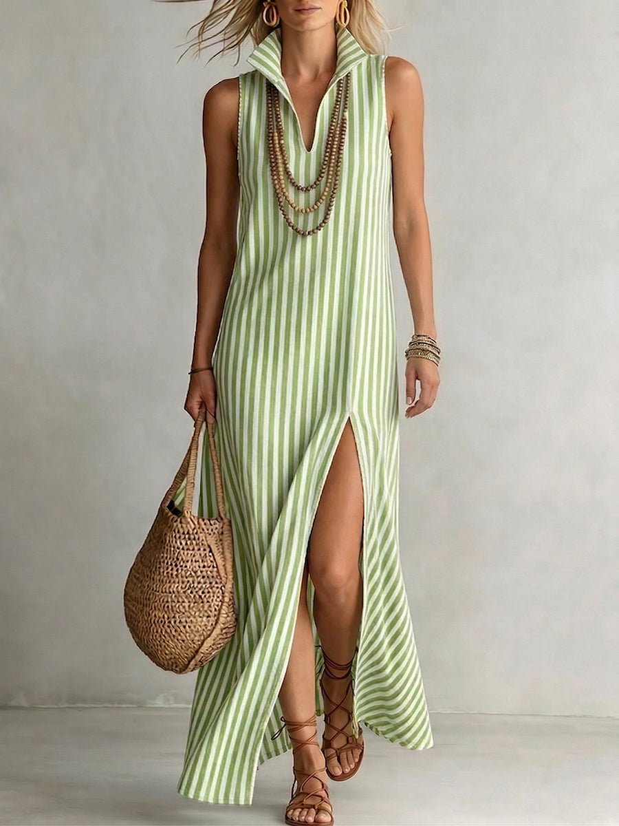 Stylish Classic Striped Stand-collar Cotton-linen Maxi Dress - Image 3