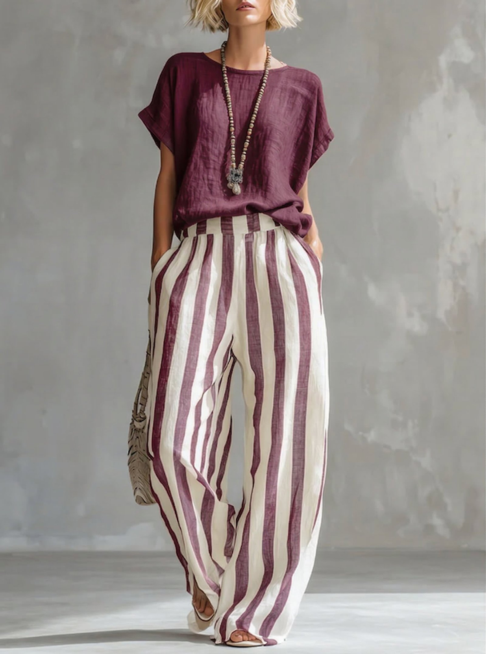 Cozy Loose-fit Striped Cotton-linen Two-piece Set - Image 6