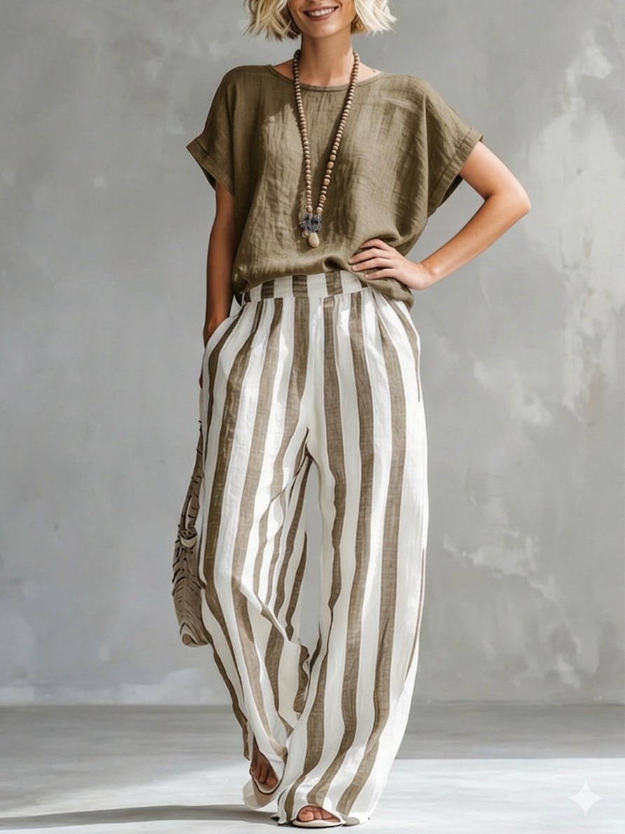Cozy Loose-fit Striped Cotton-linen Two-piece Set - Image 8